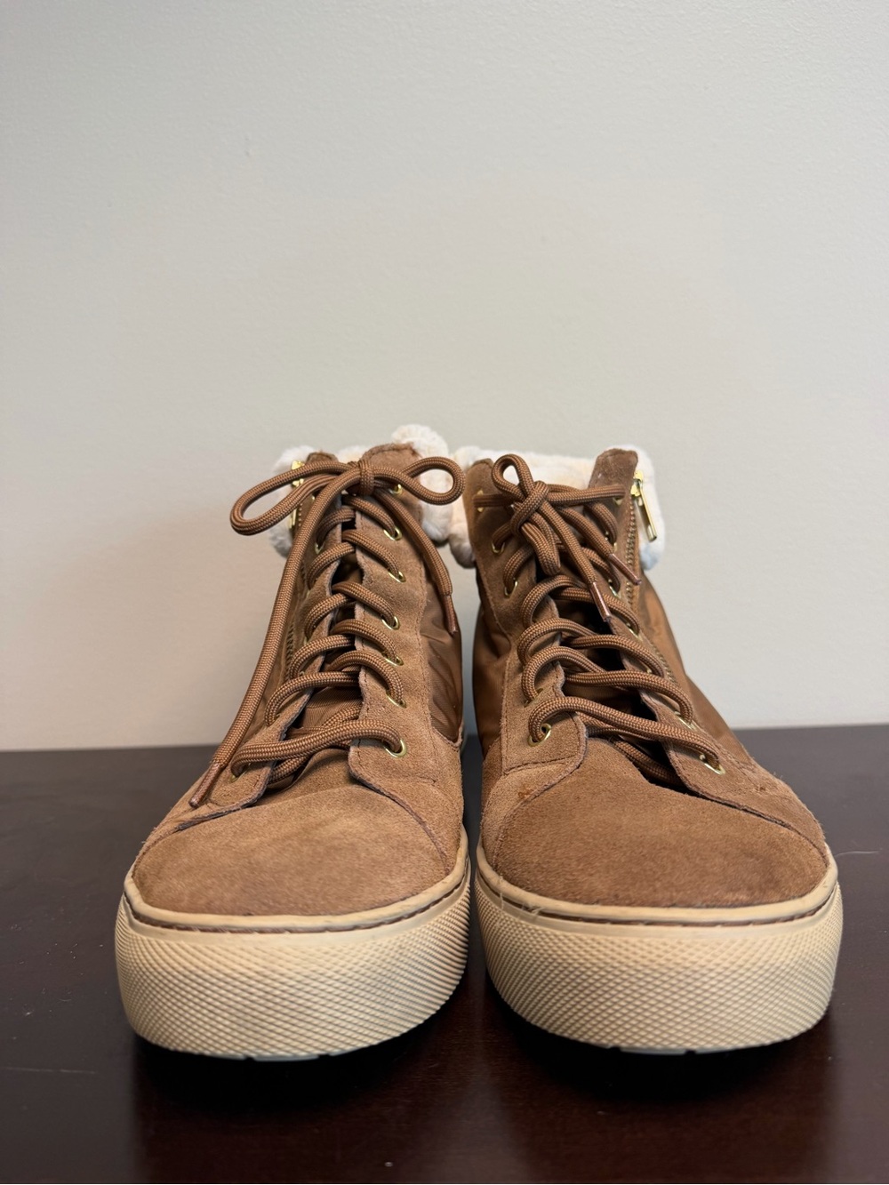 Skechers Tan Suede Lace-Up Ankle Booties with Faux Shearling Trim